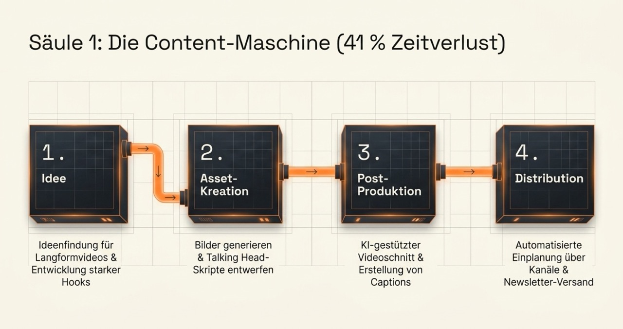 Säule 1: Die Content-Maschine (41% Zeitverlust) – Idee → Asset-Kreation → Post-Produktion → Distribution.