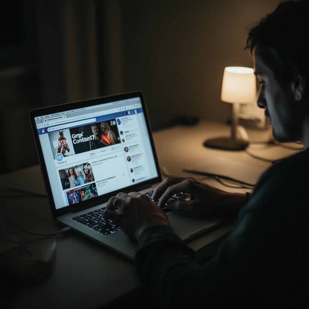 Person sitzt spät abends vor einem Laptop mit Social-Media-Oberfläche