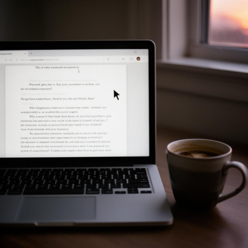 Halbfertiges Angebotsdokument auf einem Laptop, daneben eine Tasse Kaffee