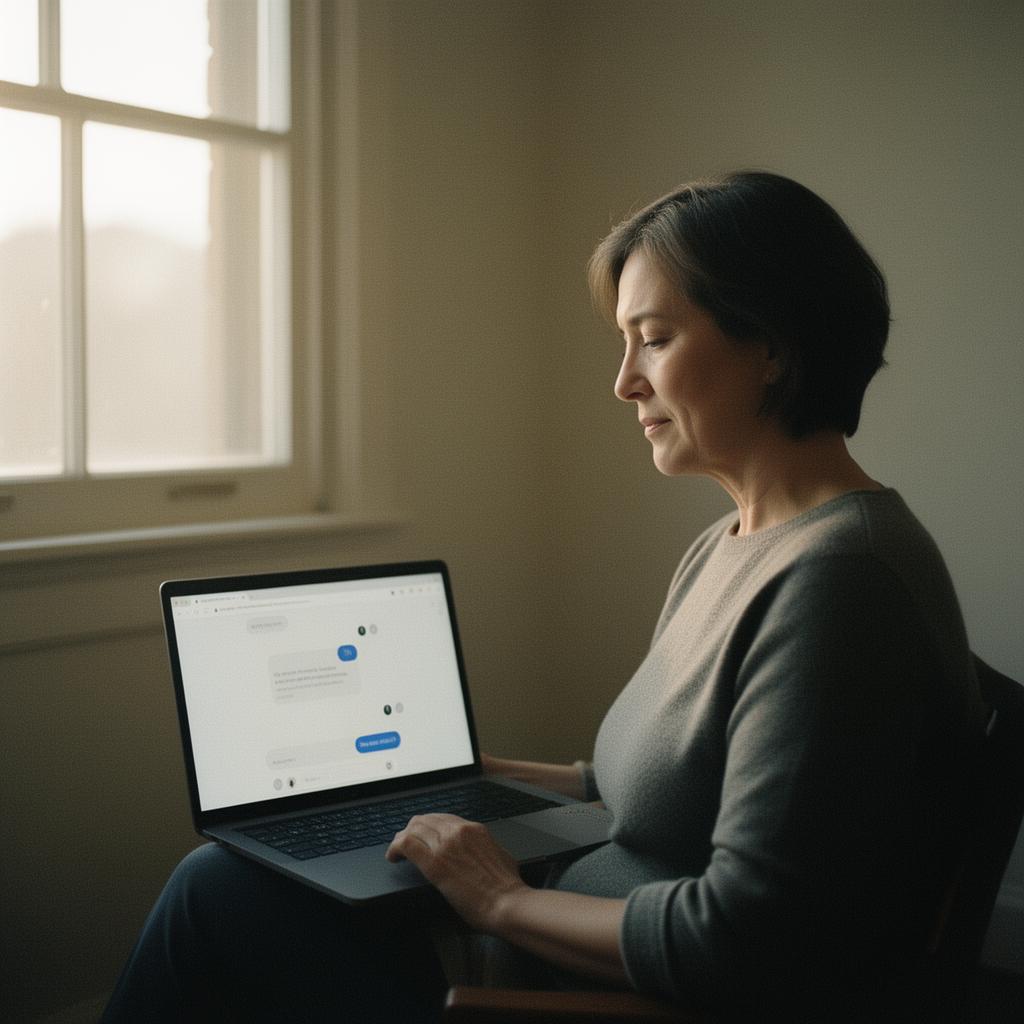 Ruhige Person in den 40ern vor einem Laptop mit KI-Chat-Oberfläche