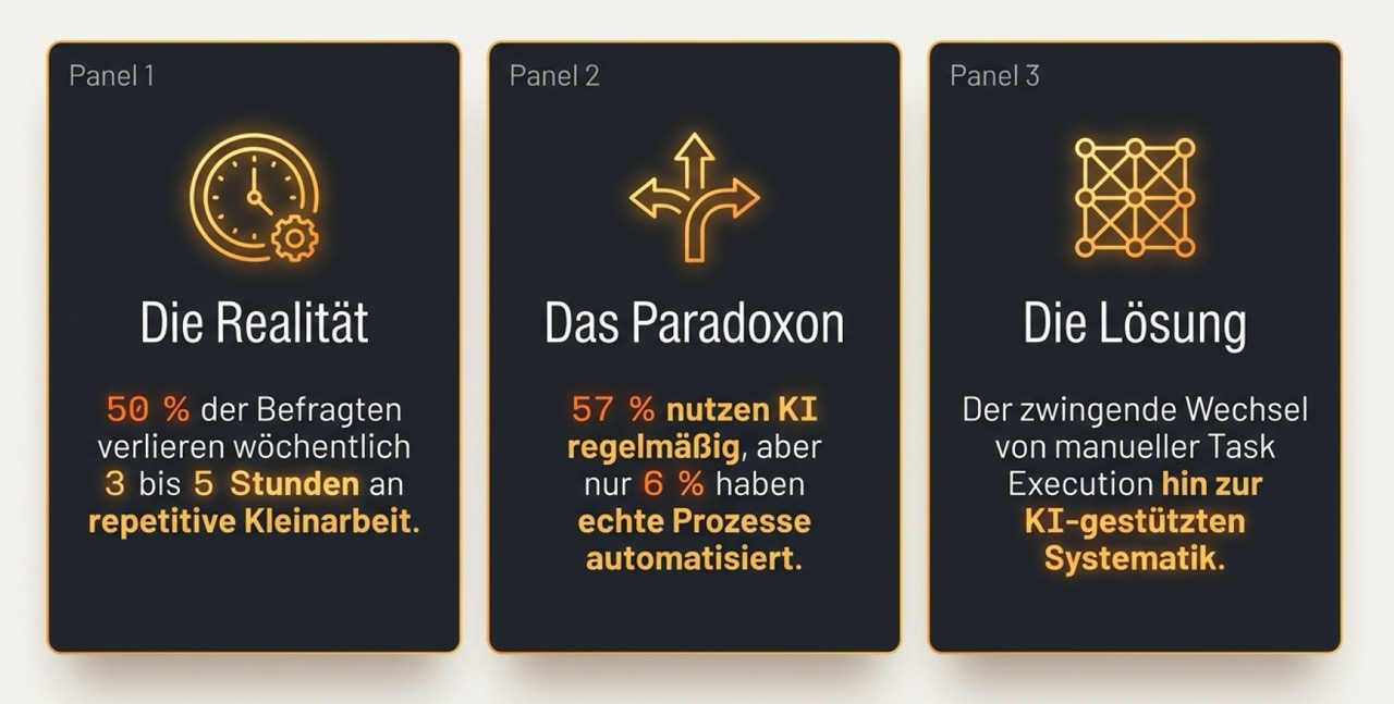 Drei Panels: Die Realität (50% verlieren 3–5 Stunden), Das Paradoxon (57% nutzen KI, nur 6% automatisieren), Die Lösung (Wechsel zur KI-gestützten Systematik).