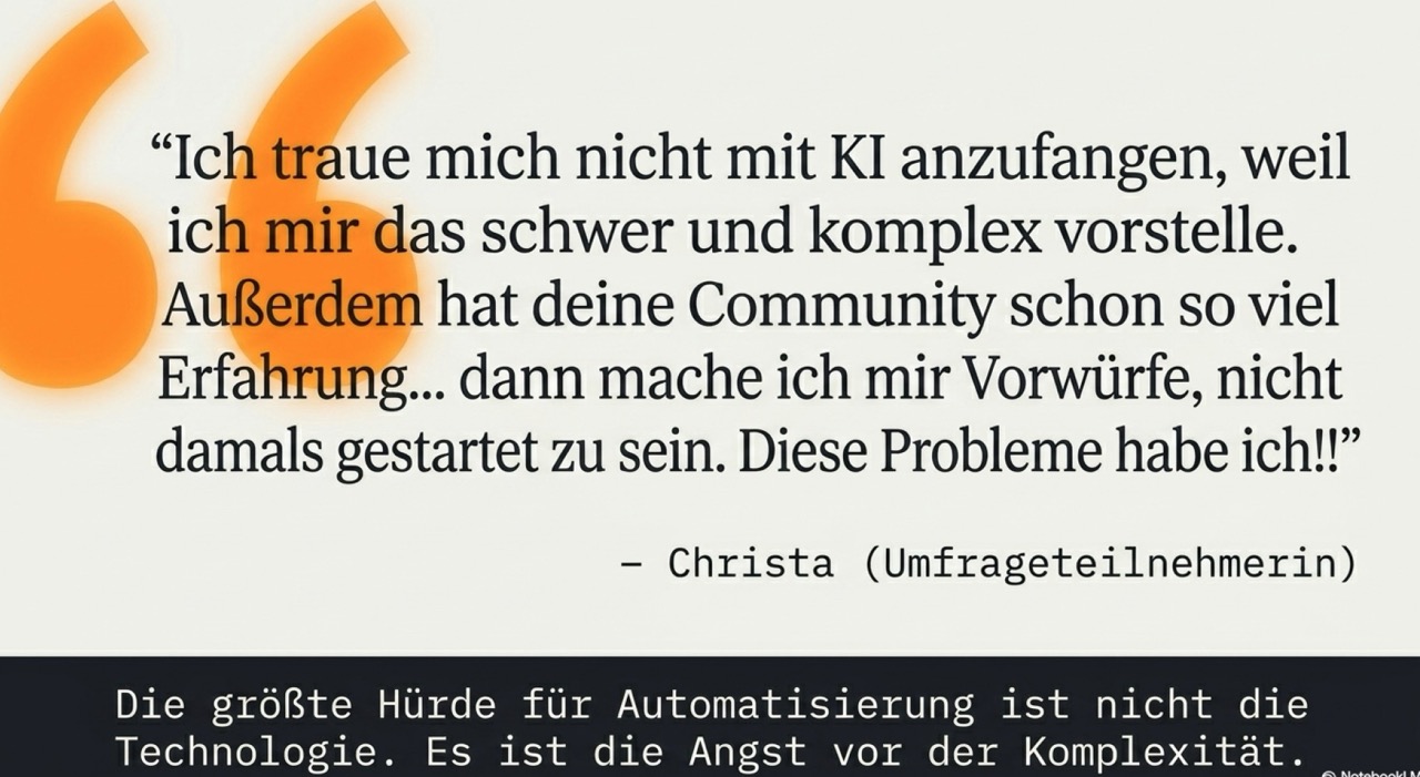 Zitat von Christa: „Ich traue mich nicht mit KI anzufangen, weil ich mir das schwer und komplex vorstelle…" Die größte Hürde ist nicht die Technologie, sondern die Angst vor der Komplexität.