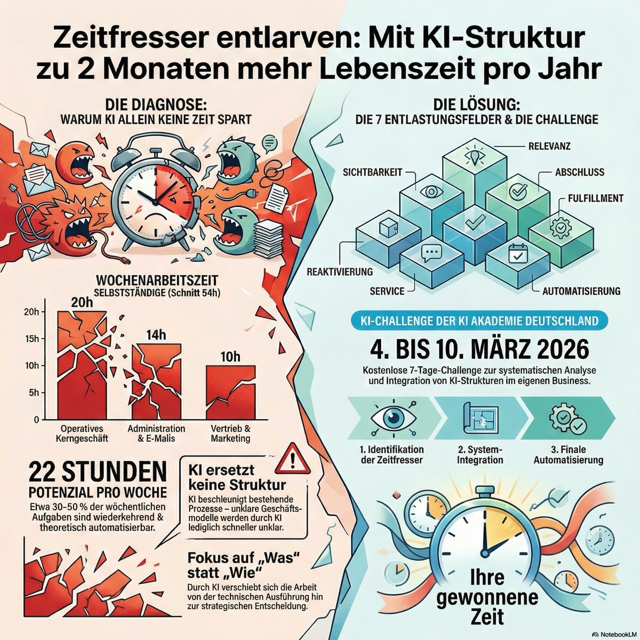 Infografik: Zeitaufwand von Selbstständigen und Einsparpotenzial durch KI